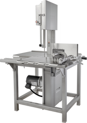 The Hobart 6614-1IP commercial meat band saw features a stainless steel frame, large cutting table, integrated pusher, adjustable fence, and vertical blade. It operates on 200-230/60/3 voltage with a motor below the table and safety blade guards.