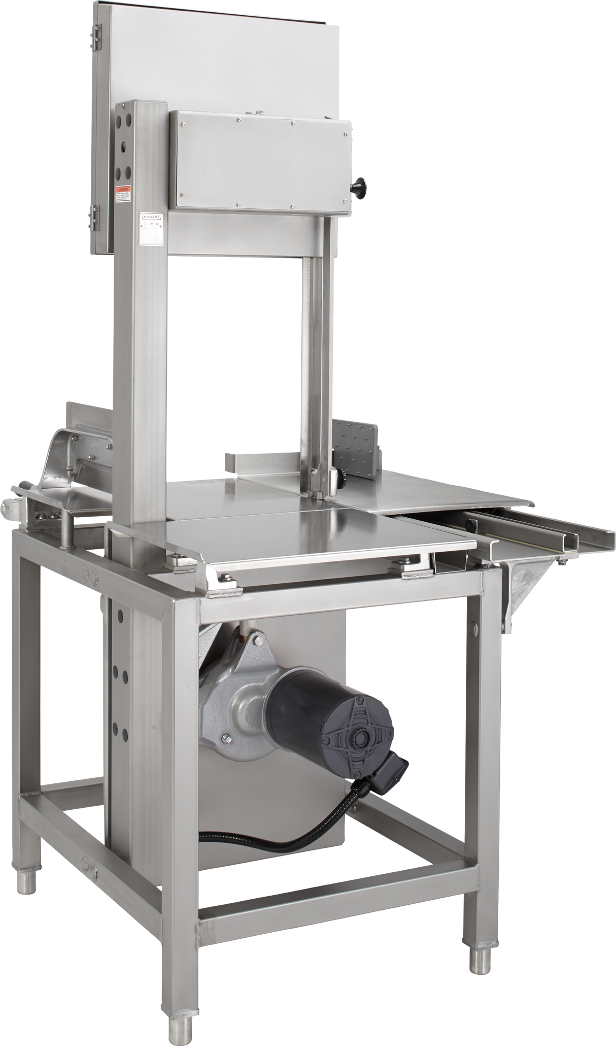 The Hobart 6614-9 meat saw is a stainless steel industrial saw with a table platform, upright blade guard, and electric motor. Designed for commercial use, it offers safety features, adjustable guides, and comes with an extra saw blade for convenience.