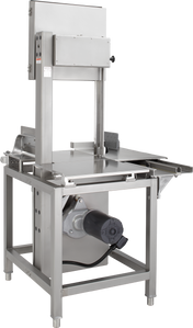 A stainless steel Hobart 6614-1 industrial meat band saw machine with a large cutting table, safety guard, blade housing on top, and electric motor at the bottom; designed for heavy-duty meat processing with standard packaging and voltage specification.