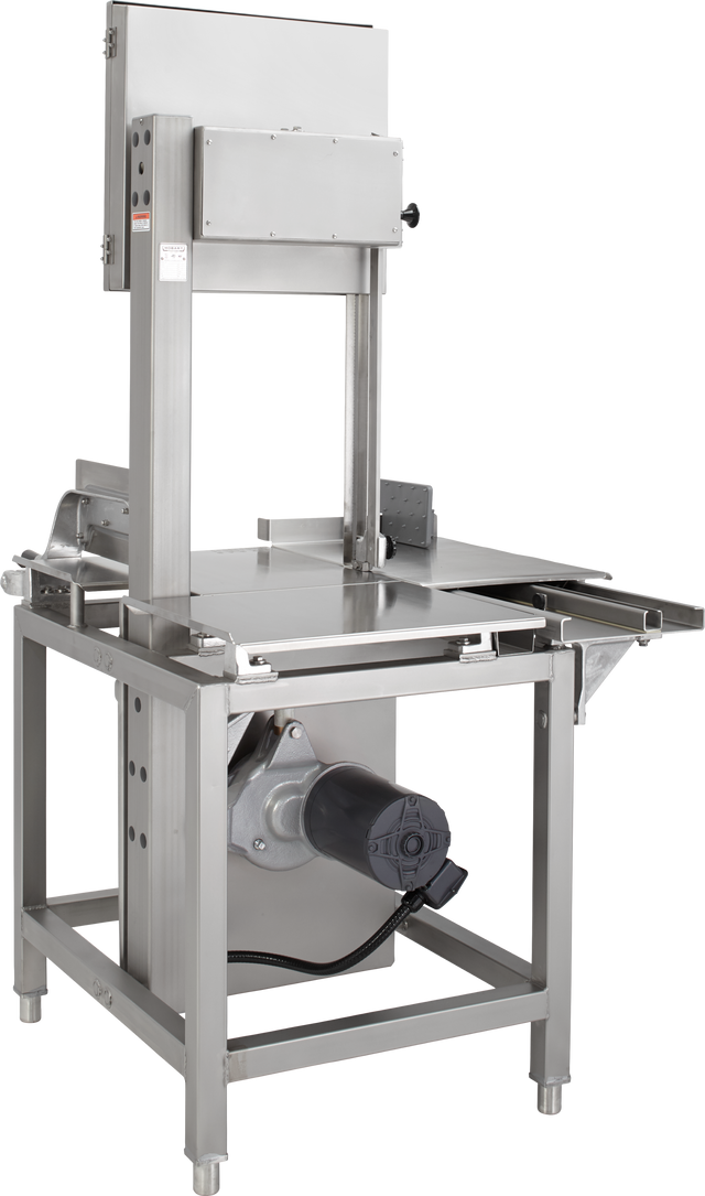 A stainless steel Hobart 6614-1 industrial meat band saw machine with a large cutting table, safety guard, blade housing on top, and electric motor at the bottom; designed for heavy-duty meat processing with standard packaging and voltage specification.