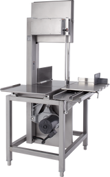 A commercial stainless steel meat saw with a flat work surface, vertical blade, and adjustable guides. Features protective guards, a side tray for sliding meat, and a sturdy frame; compatible with extra saw blades like the Hobart 6614-9.