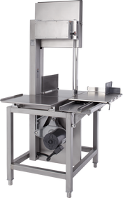 A stainless steel Hobart 6614-7 industrial meat bandsaw with a vertical blade, flat cutting table, sliding tray, safety guard, and adjustment knobs. Features a sturdy frame and precise cutting for large meat pieces in US/export configuration.
