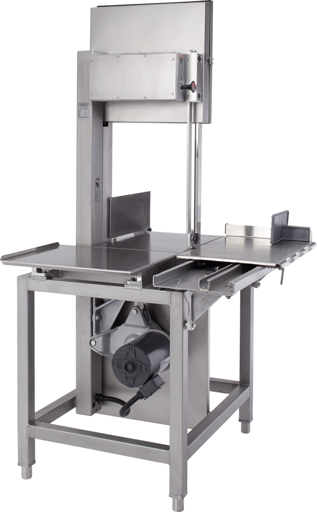 A stainless steel Hobart 6614-7 industrial meat bandsaw with a vertical blade, flat cutting table, sliding tray, safety guard, and adjustment knobs. Features a sturdy frame and precise cutting for large meat pieces in US/export configuration.