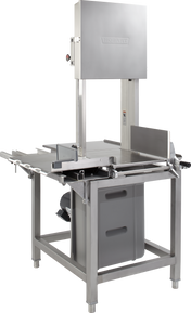 A commercial Hobart 6614-3 stainless steel meat bandsaw with a tall vertical housing, cutting blade, sliding table, safety guards, and large bin below. Designed for industrial food processing, it features a sturdy open-frame base and Canada Configuration.
