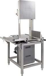A commercial meat saw with a stainless steel frame, vertical cutting blade, adjustable guides, and a large flat work surface. The Hobart 6614-9 includes safety features, storage bin below, and comes with an extra saw blade—ideal for heavy-duty use in professional kitchens.