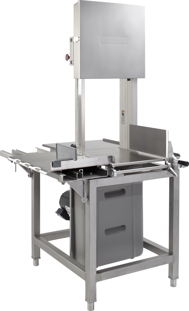A commercial meat saw with a stainless steel frame, vertical cutting blade, adjustable guides, and a large flat work surface. The Hobart 6614-9 includes safety features, storage bin below, and comes with an extra saw blade—ideal for heavy-duty use in professional kitchens.
