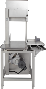 A stainless steel commercial meat saw like the Hobart 6614-9 features a flat worktable, vertical blade, safety guards, and a motor below. Designed for slicing large cuts of meat and bones, it includes adjustable guides and an extra saw blade.
