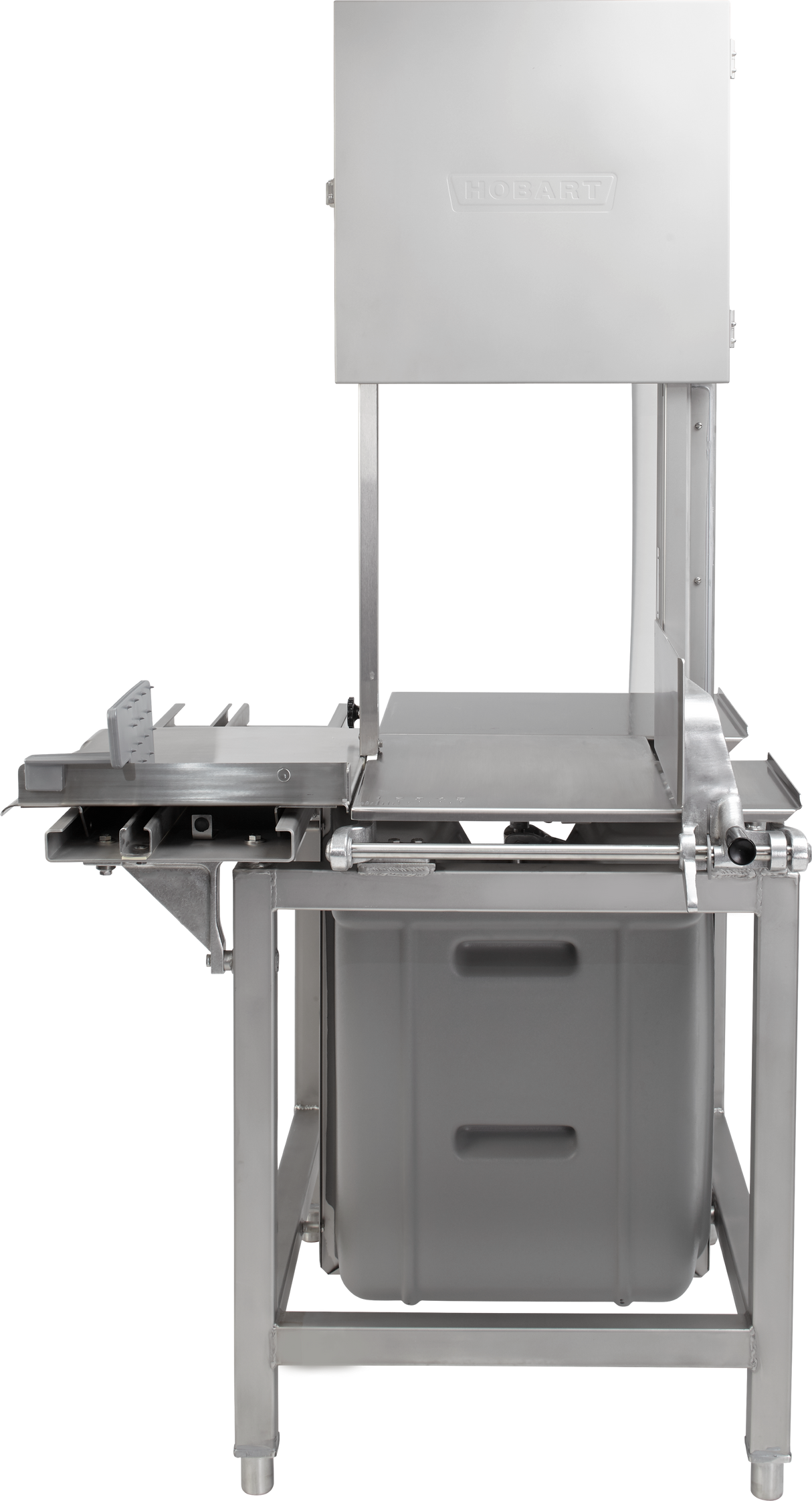 A large industrial meat saw, the Hobart 6614-1, features stainless steel construction, a rectangular cutting table, adjustable guides, and a plastic container below for collection. The sturdy machine includes voltage specification details on its upper housing.