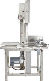 A Hobart 6801-18IP stainless steel commercial meat bandsaw stands on four legs, with a large cut table, vertical blade housing, integrated pusher, motor underneath, safety guard, and slicing guides—efficient for cutting large portions of meat.