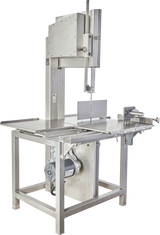 The Hobart 6801-18IP stainless steel commercial meat bandsaw features a large flat worktable, upright saw blade, integrated pusher, safety guards, adjustable guide, control knobs, and motor underneath for efficient slicing of large cuts or bones.