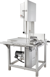A large industrial meat band saw, like the Hobart 6801-18IP, made of stainless steel with a vertical cutting blade, integrated pusher, metal work table with sliding fence, and motor underneath—ideal for heavy-duty commercial meat or bone cutting.