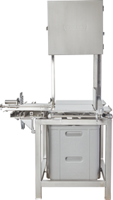 A commercial-grade stainless steel Hobart 6801-18IP meat saw with a sturdy frame, sliding cutting table, integrated pusher, and safety guard. The lower removable tray collects cut pieces. HOBART is labeled on the upper enclosure.