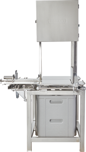 A commercial-grade stainless steel Hobart 6801-18IP meat saw with a sturdy frame, sliding cutting table, integrated pusher, and safety guard. The lower removable tray collects cut pieces. HOBART is labeled on the upper enclosure.