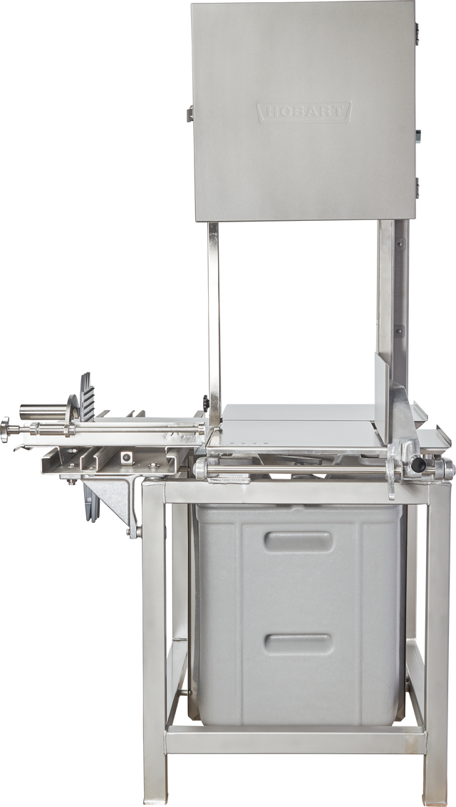 A commercial-grade stainless steel Hobart 6801-18IP meat saw with a sturdy frame, sliding cutting table, integrated pusher, and safety guard. The lower removable tray collects cut pieces. HOBART is labeled on the upper enclosure.