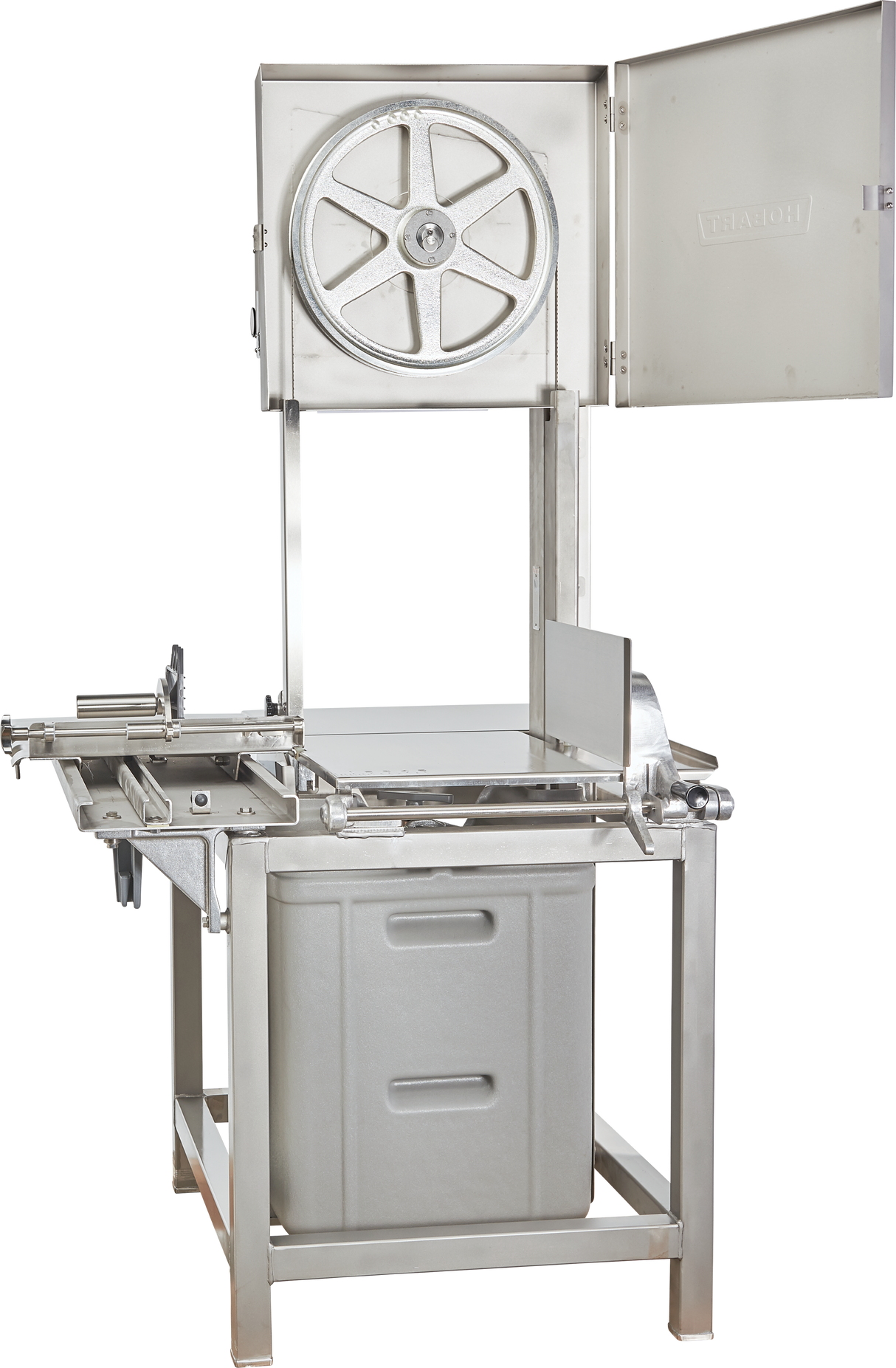 A stainless steel Hobart 6801-18IP commercial meat bandsaw with a large circular blade, safety guard, and open door exposing the upper wheel. Features an integrated pusher, flat cutting surface, sliding tray, and grey bins for collecting meat or waste.