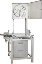 A stainless steel Hobart 6801-18IP commercial meat bandsaw with a large circular blade, safety guard, and open door exposing the upper wheel. Features an integrated pusher, flat cutting surface, sliding tray, and grey bins for collecting meat or waste.