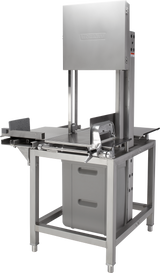 A large, industrial Hobart 6801-25 meat saw made of stainless steel, featuring a horizontal cutting table, vertical blade with protective housing, side guides, and safety handles. Sturdy and efficient, available in Export Configuration with Air Freight Packaging options.