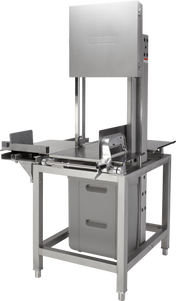 A large, industrial Hobart 6801-25 meat saw made of stainless steel, featuring a horizontal cutting table, vertical blade with protective housing, side guides, and safety handles. Sturdy and efficient, available in Export Configuration with Air Freight Packaging options.