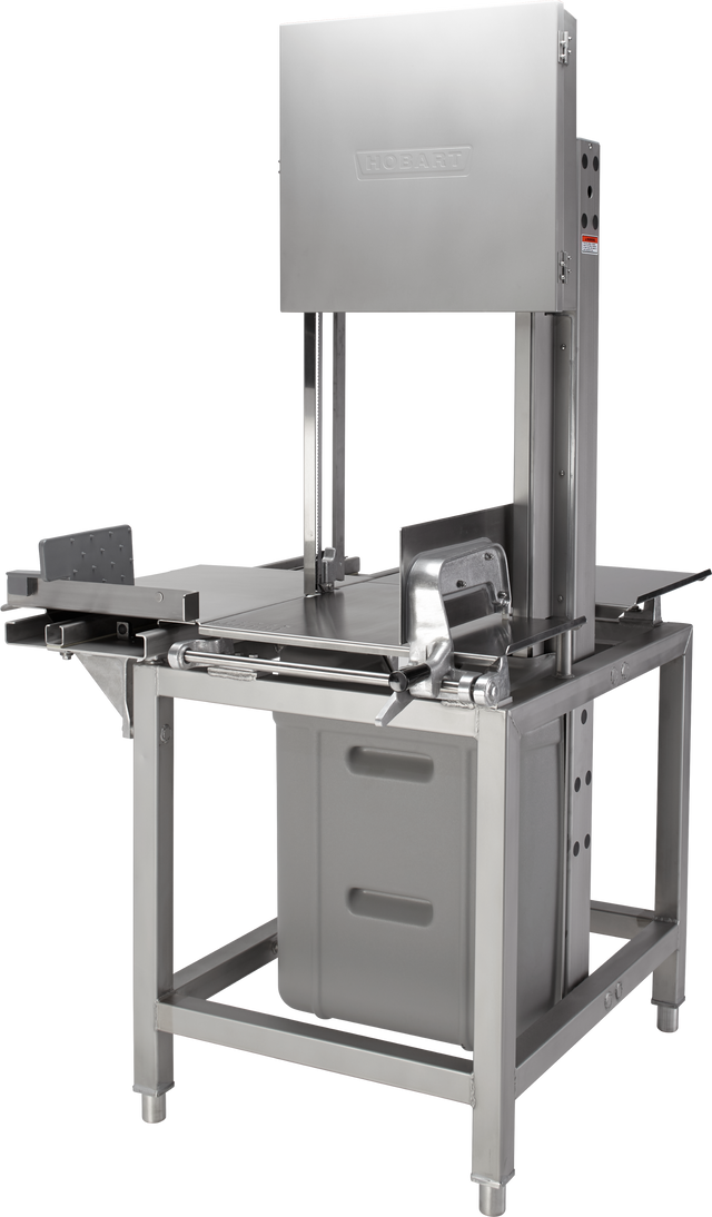 A large, industrial Hobart 6801-25 meat saw made of stainless steel, featuring a horizontal cutting table, vertical blade with protective housing, side guides, and safety handles. Sturdy and efficient, available in Export Configuration with Air Freight Packaging options.