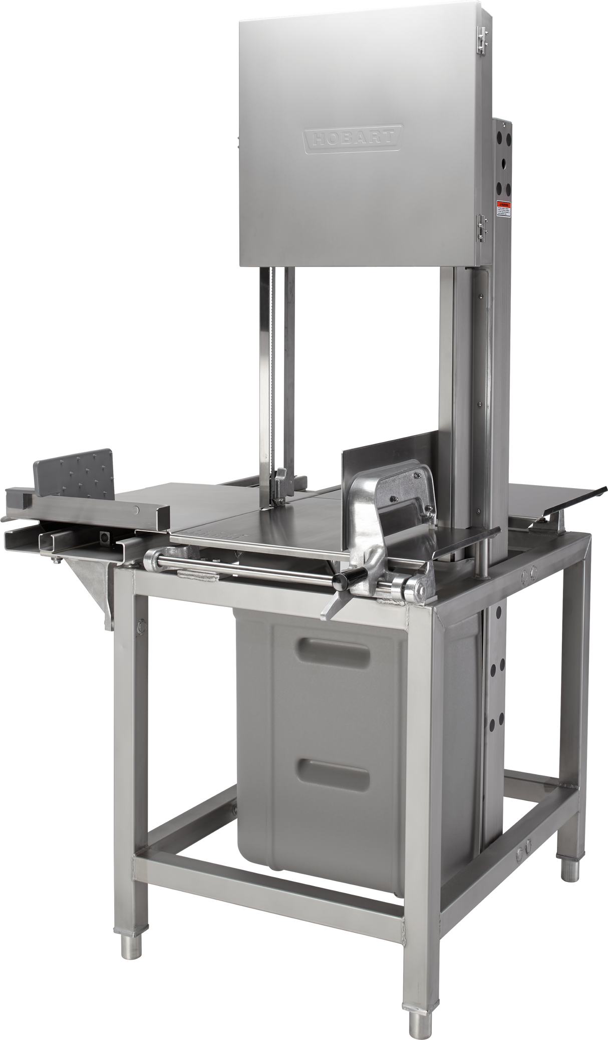A large, industrial Hobart 6801-22 meat saw made of stainless steel, featuring a vertical cutting blade, flat worktable, safety guards, and a sliding feed tray. The machine operates on 208-240/60/3 voltage and has a robust, professional design.