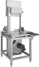 A Hobart 6801-25 commercial stainless steel meat bandsaw with a flat work surface, adjustable guide, and visible motor housing. Features safety guards and is built for heavy-duty meat or bone cutting, ideal for export configuration in professional kitchens or butcher shops.