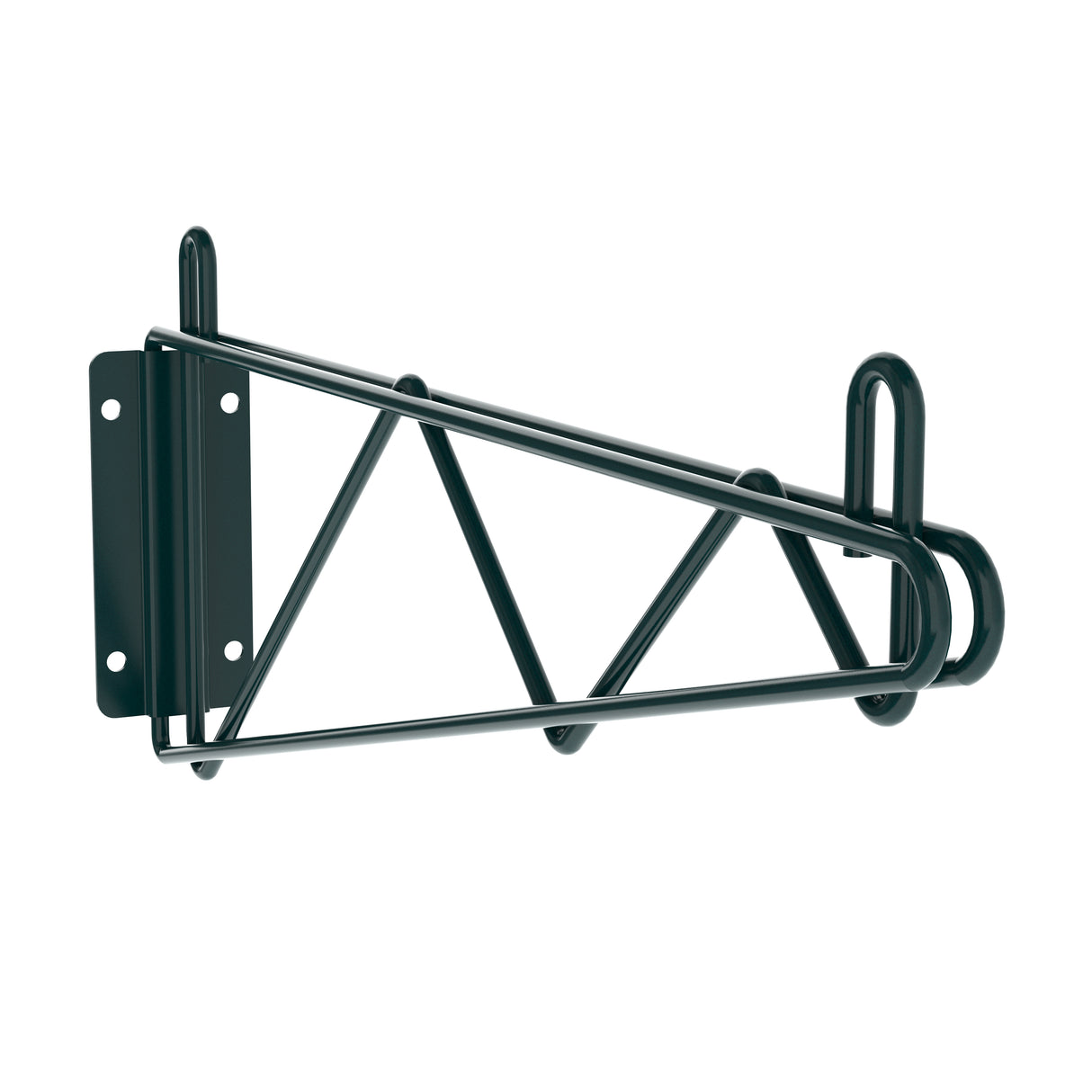 The Metro Direct Wall Mount Bracket is a black, metal, wall-mounted bicycle rack with a triangular frame and three mounting holes on the rectangular plate. Featuring angled support bars for stability, this rack holds your bike horizontally and is available for Quick Ship.
