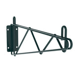 The Metro Direct Wall Mount Bracket is a black, metal, wall-mounted bicycle rack with a triangular frame and three mounting holes on the rectangular plate. Featuring angled support bars for stability, this rack holds your bike horizontally and is available for Quick Ship.