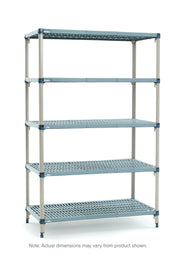 A five-tiered industrial NSF shelving unit with metal frame and perforated plastic shelves, shown against a white background. Each rectangular shelf is adjustable. A note below the image states actual dimensions may vary from the product shown.