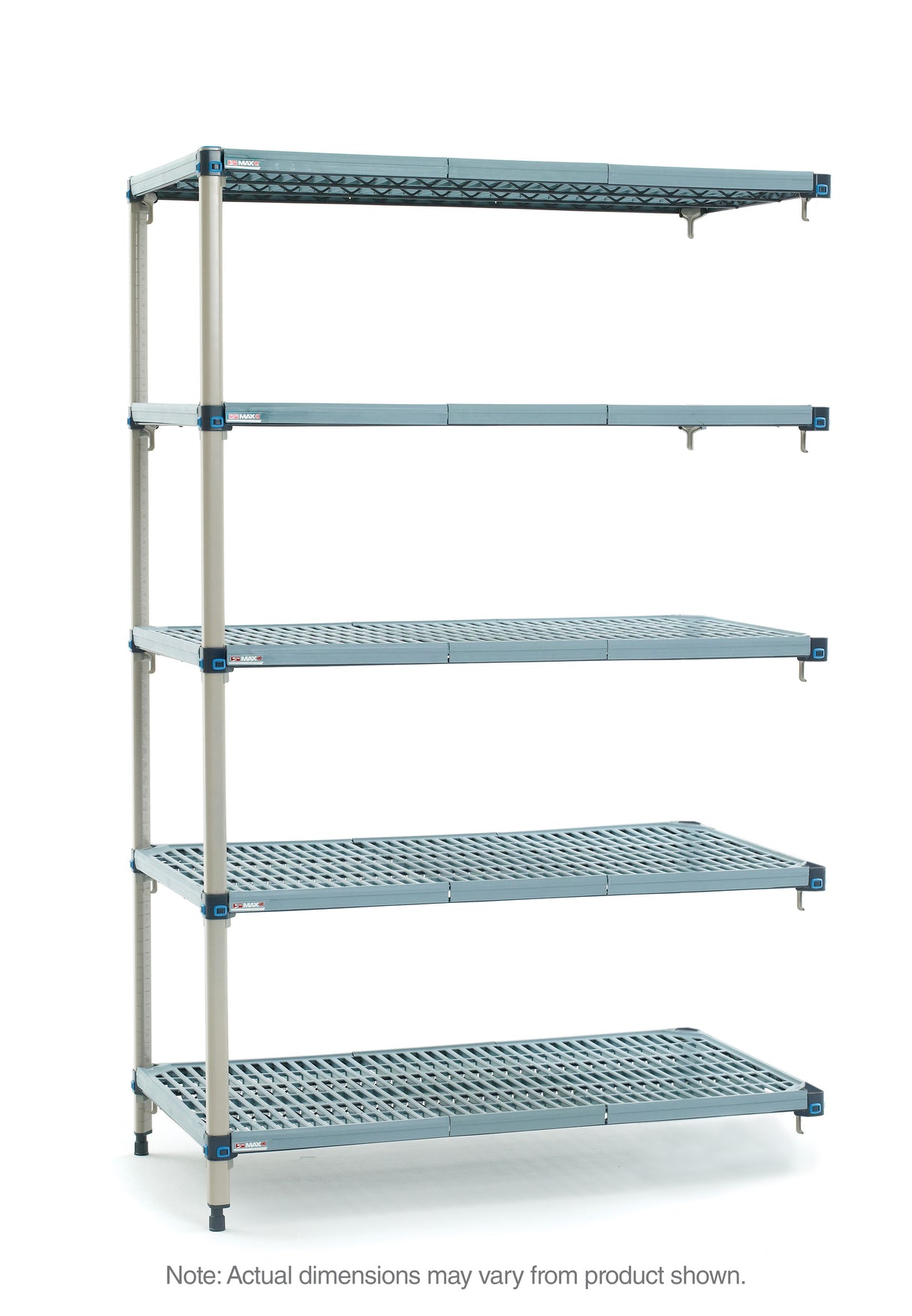A freestanding, five-tier MetroMax Q shelving unit with a silver frame and perforated blue-grey shelves. Each NSF shelving tier is evenly spaced, and the unit stands on four feet. Background is plain white. Text below reads, “Note: Actual dimensions may vary from product shown.”.