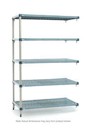 A freestanding, five-tier MetroMax Q shelving unit with a silver frame and perforated blue-grey shelves. Each NSF shelving tier is evenly spaced, and the unit stands on four feet. Background is plain white. Text below reads, “Note: Actual dimensions may vary from product shown.”.