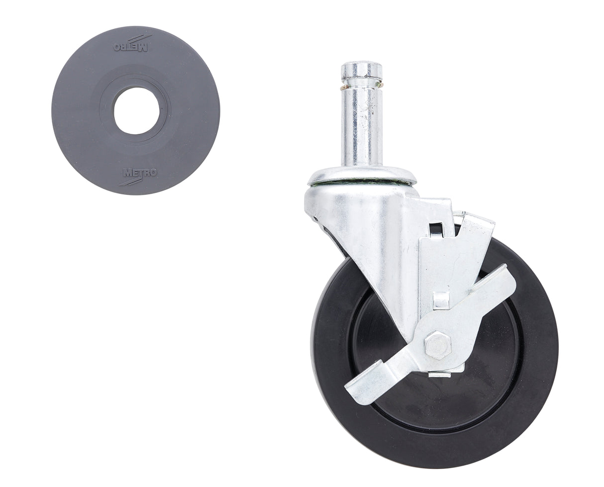 A Super Erecta Stem Caster with a 5 inch swivel caster wheel, black rubber tire, and locking brake is shown on the right. On the left is a separate round black Metro washer or gasket. Both are set against a white background.
