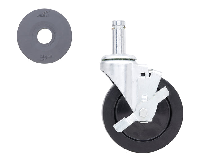 A Super Erecta Stem Caster with a 5 inch swivel caster wheel, black rubber tire, and locking brake is shown on the right. On the left is a separate round black Metro washer or gasket. Both are set against a white background.
