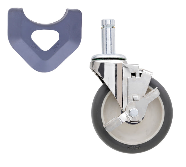 A gray rubber caster wheel with a donut wheel tread, metal bracket, and brake is shown on the right. To the left, a U-shaped gray plastic insert with a triangular opening is displayed. Both items are clean and isolated on a white background.