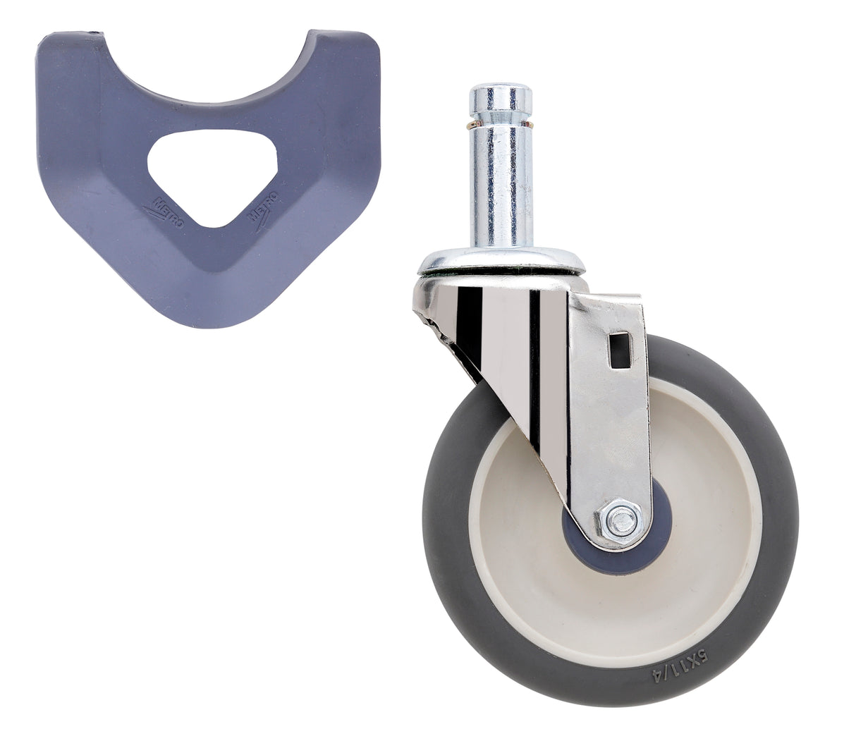 A gray and white donut wheel swivel caster with a metal bracket is shown on the right. On the left is a separate, U-shaped gray rubber bumper designed to fit around part of the caster wheel for protection or noise reduction.