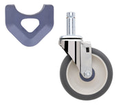 A gray and white donut wheel swivel caster with a metal bracket is shown on the right. On the left is a separate, U-shaped gray rubber bumper designed to fit around part of the caster wheel for protection or noise reduction.
