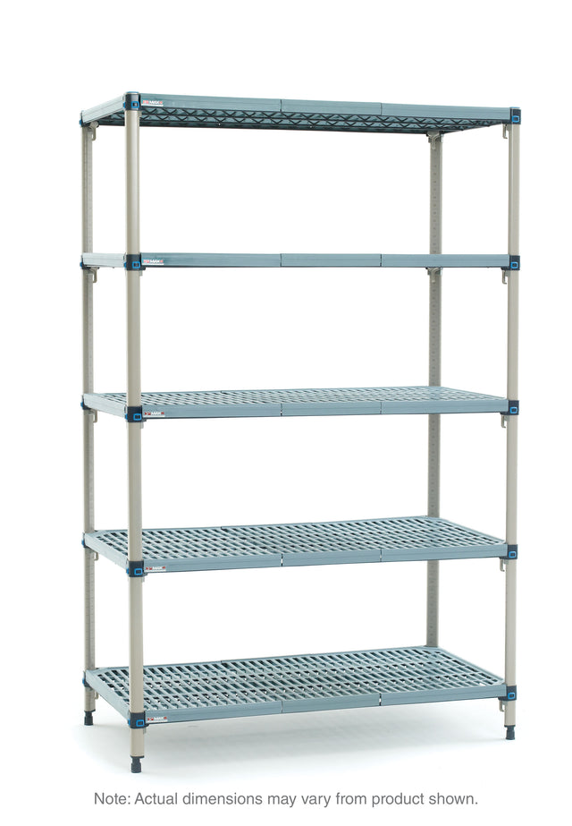 A freestanding, five-shelf MetroMax Q shelving unit features a grey frame and perforated blue shelves. The NSF shelving unit is empty and displayed against a white background. A note below reads: “Actual dimensions may vary from product shown.”.