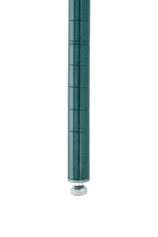 A close-up of the lower portion of a dark green Super Erecta SiteSelect Post with horizontal grooves and Metroseal 3 antimicrobial protection, ending in a metallic adjustable foot or leveling glide, set against a plain white background.