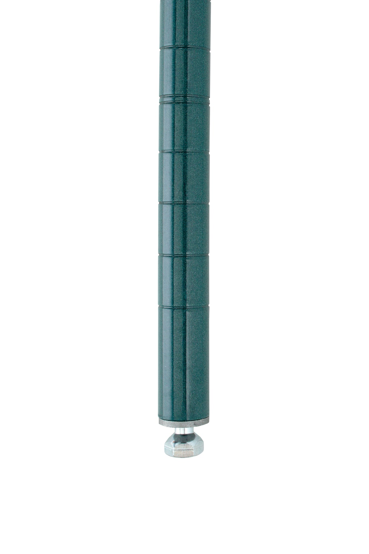 A close-up of a Super Erecta SiteSelect Post in Metroseal 3 Green epoxy, featuring antimicrobial protection. The cylindrical metal pole has horizontal ridges and a small, round silver metal leveling base. The background is plain white.