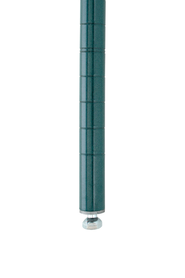 A close-up of a Super Erecta SiteSelect Post in Metroseal 3 Green epoxy, featuring antimicrobial protection. The cylindrical metal pole has horizontal ridges and a small, round silver metal leveling base. The background is plain white.