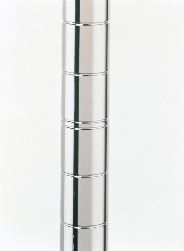 A shiny, cylindrical Super Erecta SiteSelect Post made of type 304 stainless steel with horizontal grooves at regular intervals stands against a plain white background. The grooves create a segmented look along the smooth metallic surface. Only part of the pole is visible.