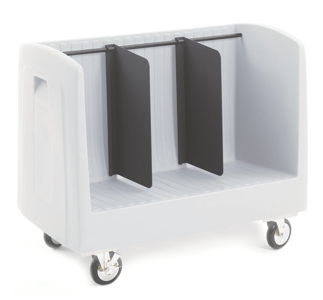 A white tray cart with four caster wheels features two large black Poker Chip Dividers suspended from a black horizontal bar, creating three storage sections. It has a ribbed interior base, smooth rounded edges, and an open top for easy access.