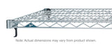 Close-up of a chrome plated Super Erecta Shelf with a Metro logo on the edge. The adjustable wire shelf features a grid design, reinforced border, and black plastic corner caps. Below, text reads: Note: Actual dimensions may vary from product shown.
