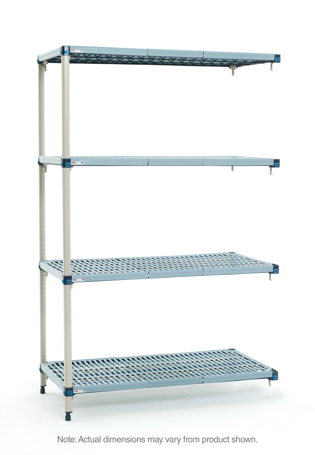 A four-tier MetroMax Q shelving unit with blue perforated shelves and a silver frame stands on a white background. Each shelf is evenly spaced and clean. A note at the bottom says, “Actual dimensions may vary from product shown.”.