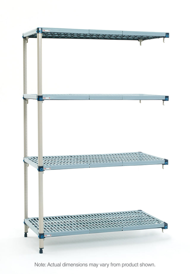 A four-tier MetroMax Q shelving unit with blue perforated shelves and a silver frame stands on a white background. Each shelf is evenly spaced and clean. A note at the bottom says, “Actual dimensions may vary from product shown.”.