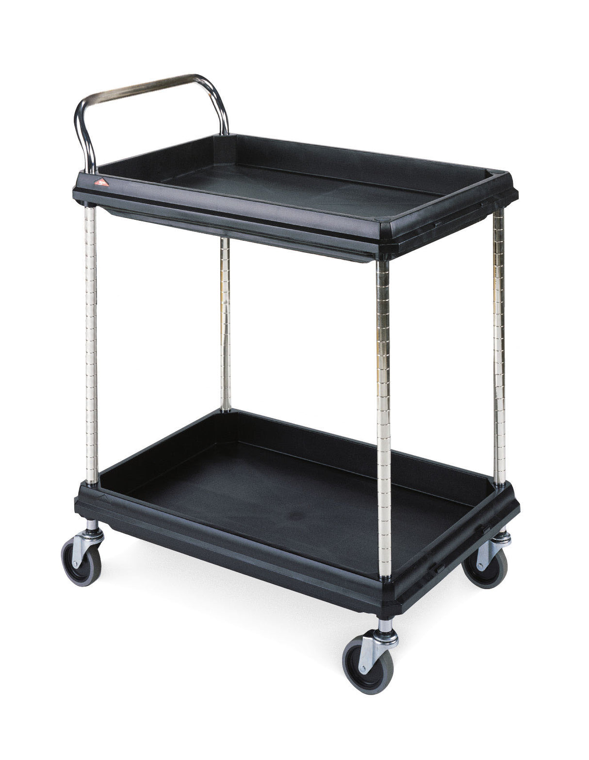 A black utility cart with chrome metal legs and handle, featuring deep ledge shelves to prevent items from falling off. The cart has four swiveling gray caster wheels and is ideal for transporting supplies or equipment.