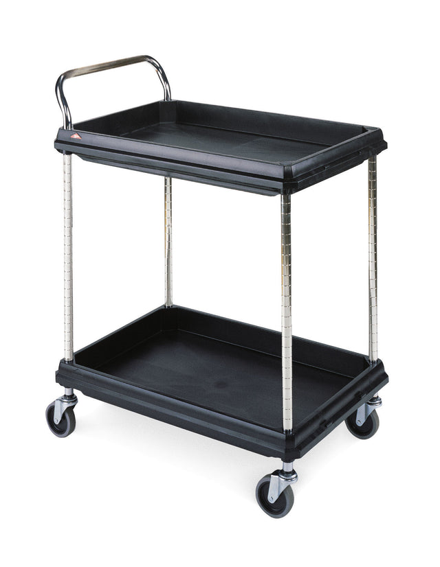 A black utility cart with chrome metal legs and handle, featuring deep ledge shelves to prevent items from falling off. The cart has four swiveling gray caster wheels and is ideal for transporting supplies or equipment.