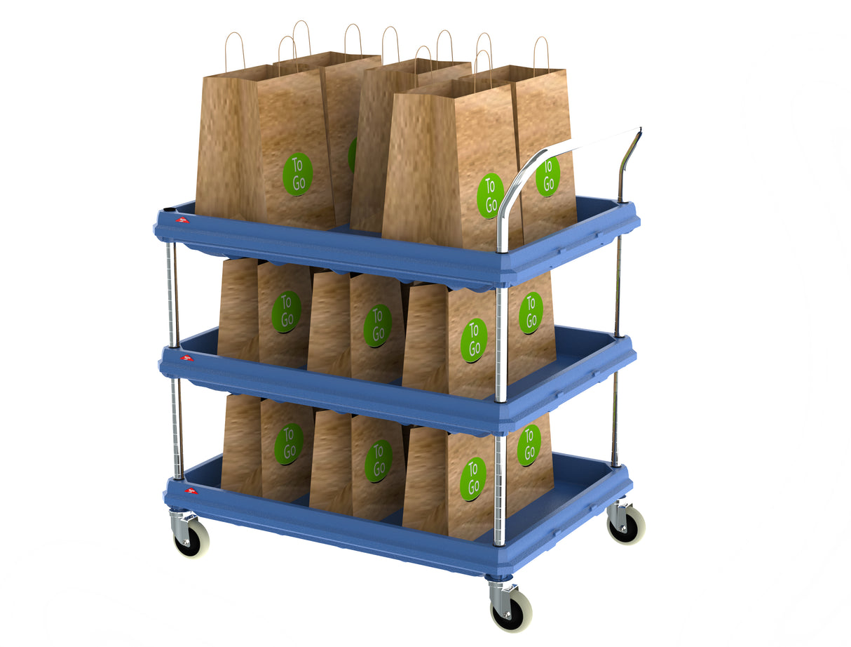 A blue deep ledge utility cart with antimicrobial shelves holds several brown paper bags labeled “To Go” with green stickers and handles. The cart features four caster wheels and is set against a plain white background.