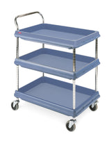 A blue, three-tier deep ledge utility cart with chrome handles and posts. The cart’s trays feature raised edges, four swivel caster wheels, and an open design for easy access and transport of items. The smooth surface is both durable and practical.