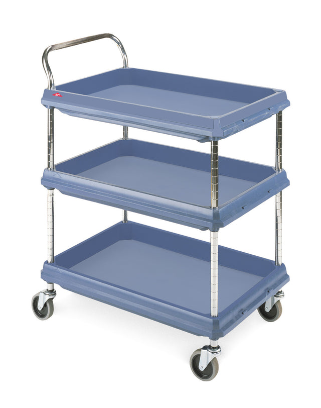 A blue, three-tier deep ledge utility cart with chrome handles and posts. The cart’s trays feature raised edges, four swivel caster wheels, and an open design for easy access and transport of items. The smooth surface is both durable and practical.