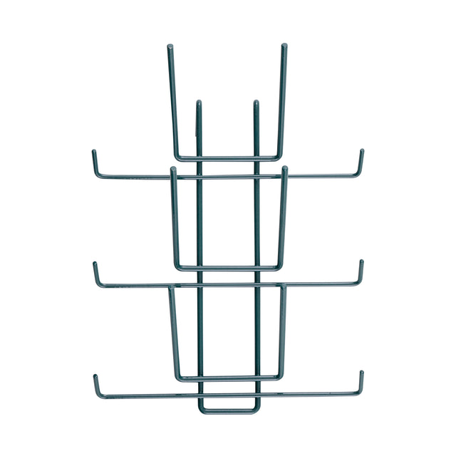 A metal SmartWall Bottle Drying Rack with Metroseal 3 antimicrobial protection, featuring three tiers and six prongs per level in a minimalist, geometric design. Dark-colored, it’s wall-mounted and ideal for organized, hygienic display against a white background.